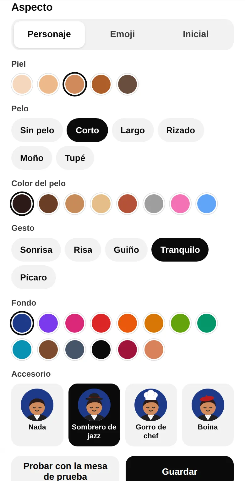 Aspecto del camarero: estilo Personaje, Emoji o Inicial, piel, pelo, color del pelo, gesto, fondo y accesorios