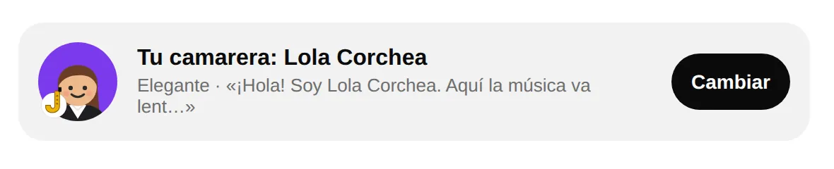 Tarjeta Tu camarera: Lola Corchea en la ficha del Camarero IA, con su avatar, el tono Elegante, el principio de su saludo y el botón Cambiar