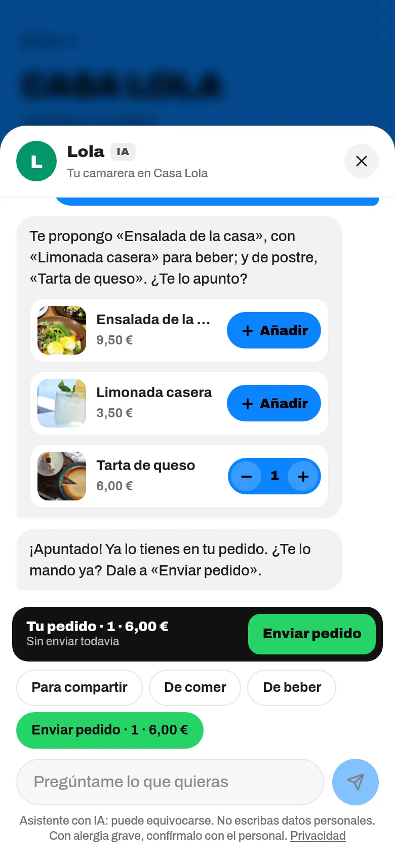 Mensaje Apuntado tras añadir un plato, con la siguiente sugerencia y el botón Enviar pedido