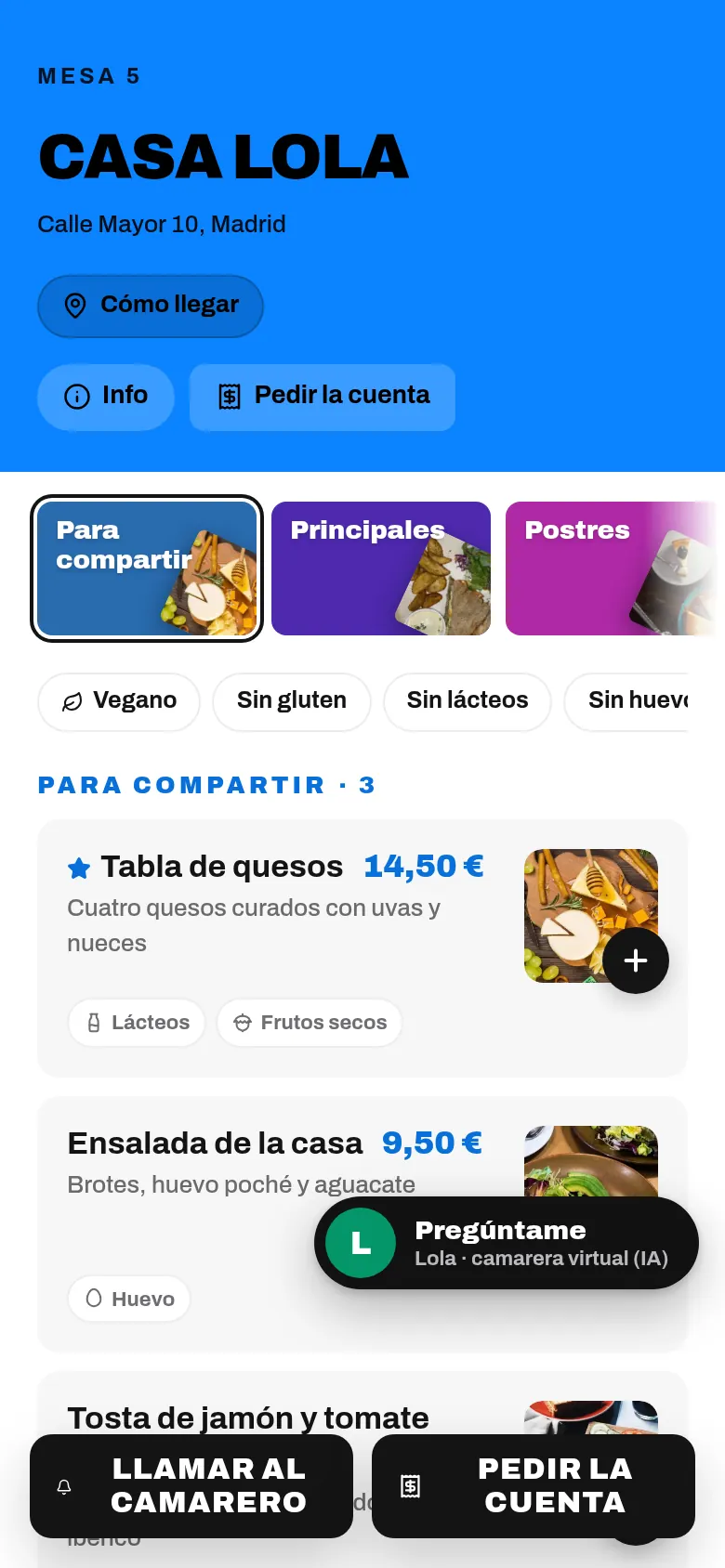 Carta de un restaurante en el móvil, con las categorías arriba y los botones de filtro: Vegano, Sin gluten, Sin lácteos…