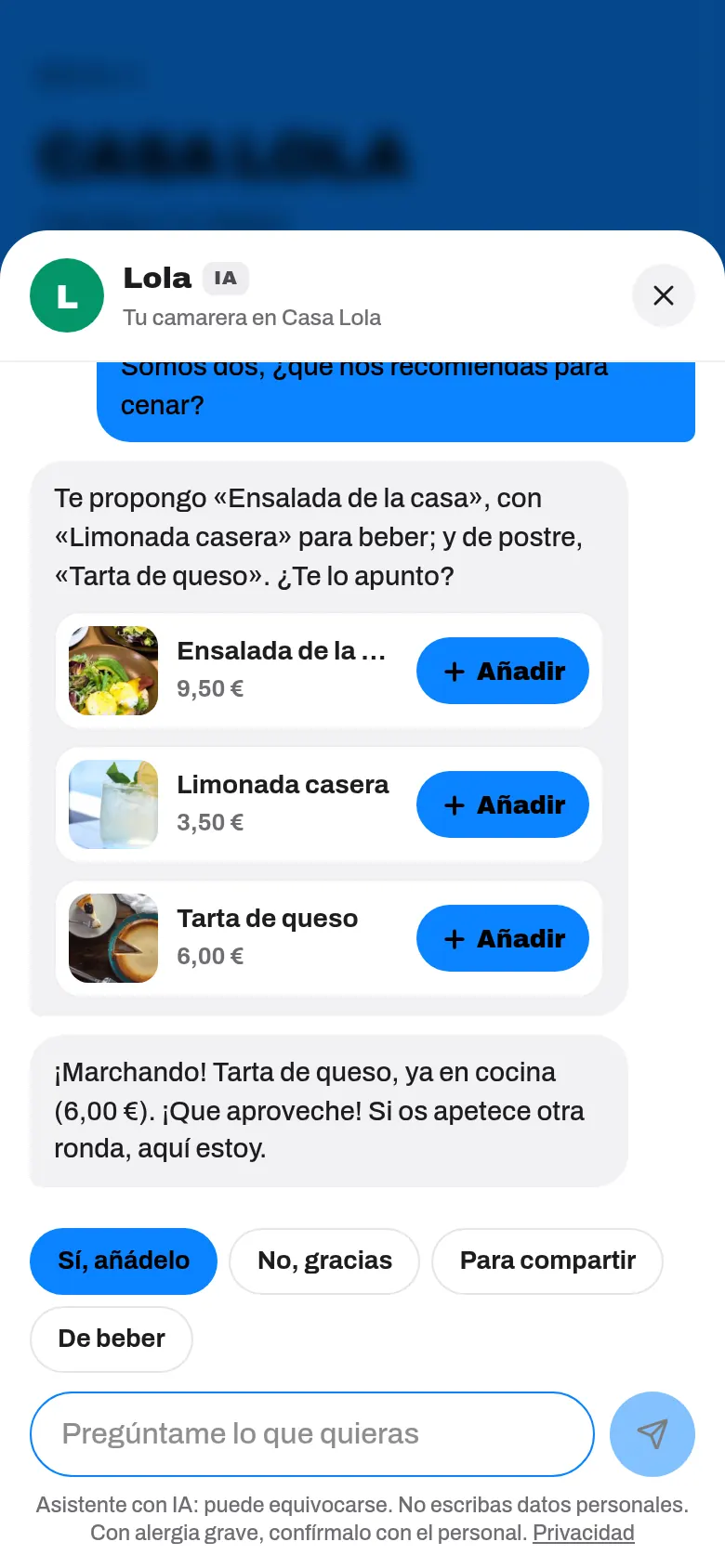 Mensaje Marchando del camarero con lo pedido y el total