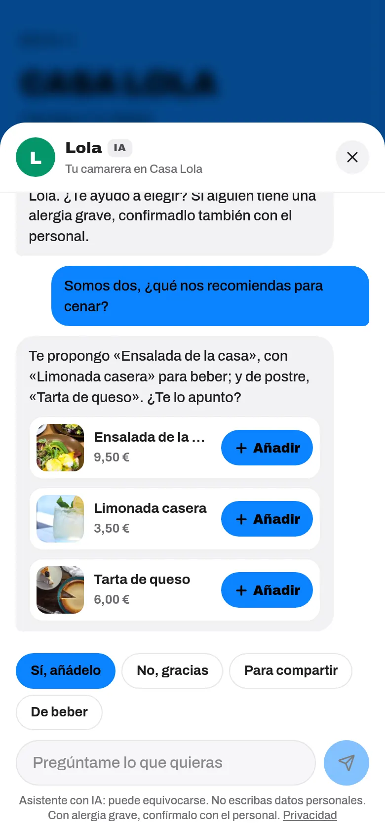 Respuesta del camarero con platos en tarjetas, su precio, el botón Añadir y los botones del siguiente paso