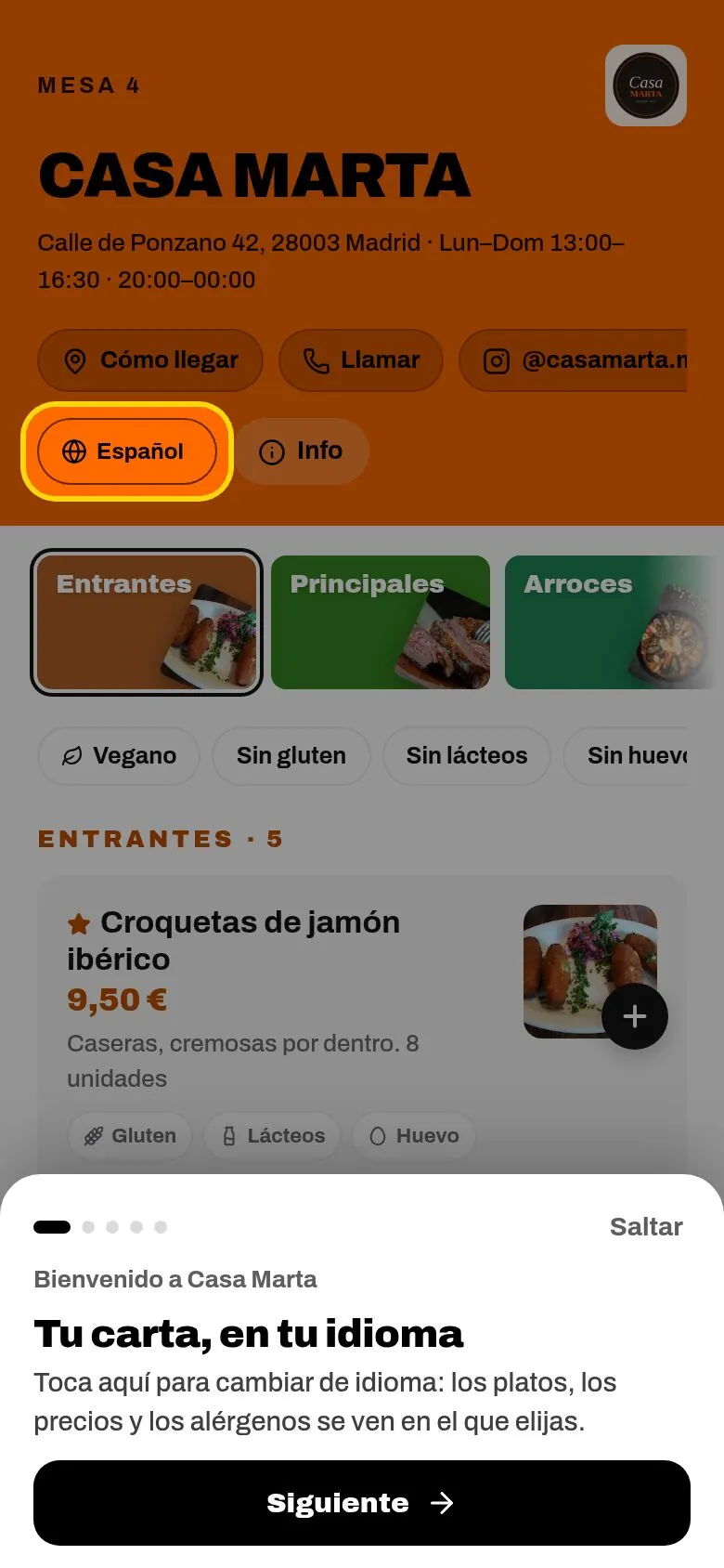 Carta en el móvil con la guía de bienvenida abajo: Tu carta, en tu idioma, y el botón Siguiente