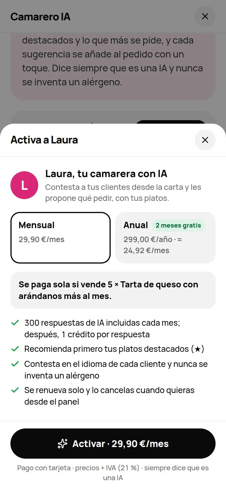 Hoja para activar el Camarero IA con las opciones Mensual y Anual y el botón Activar