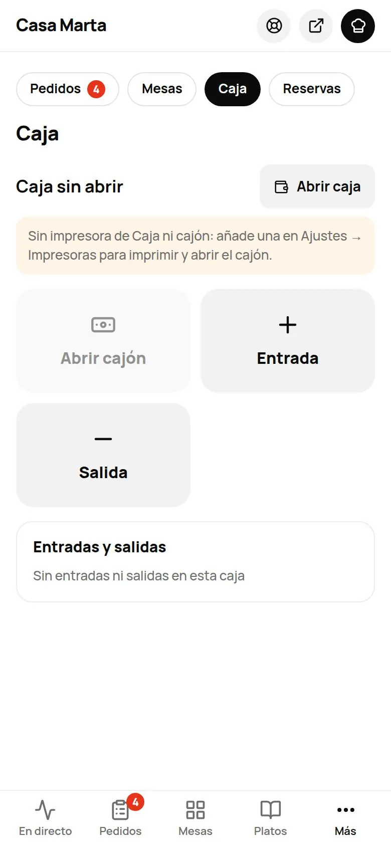 Pestaña Caja en el móvil con la caja sin abrir, el botón Abrir caja y los botones Abrir cajón, Meter dinero y Sacar dinero