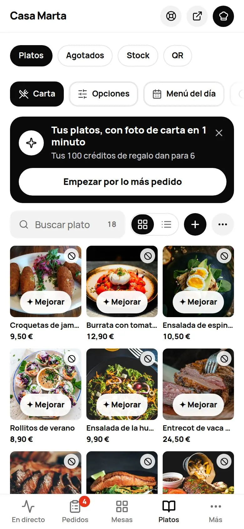 Página Platos en el móvil: buscador, botones de vista, añadir plato y más opciones, y la rejilla de platos con foto y precio
