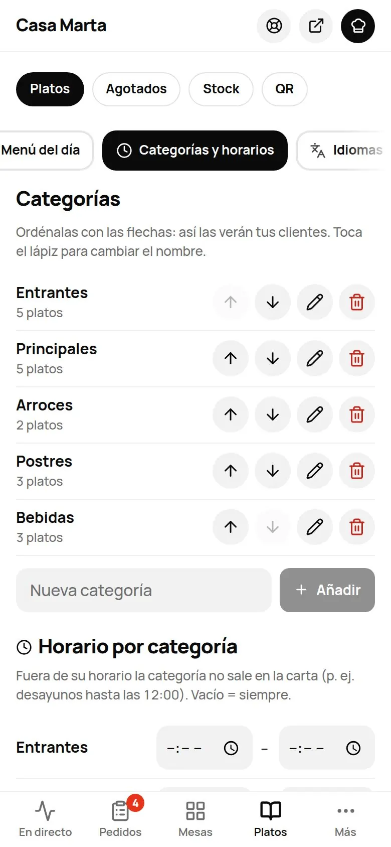 Sección Categorías y horarios: lista de categorías con flechas, lápiz y papelera, campo Nueva categoría y Horario por categoría