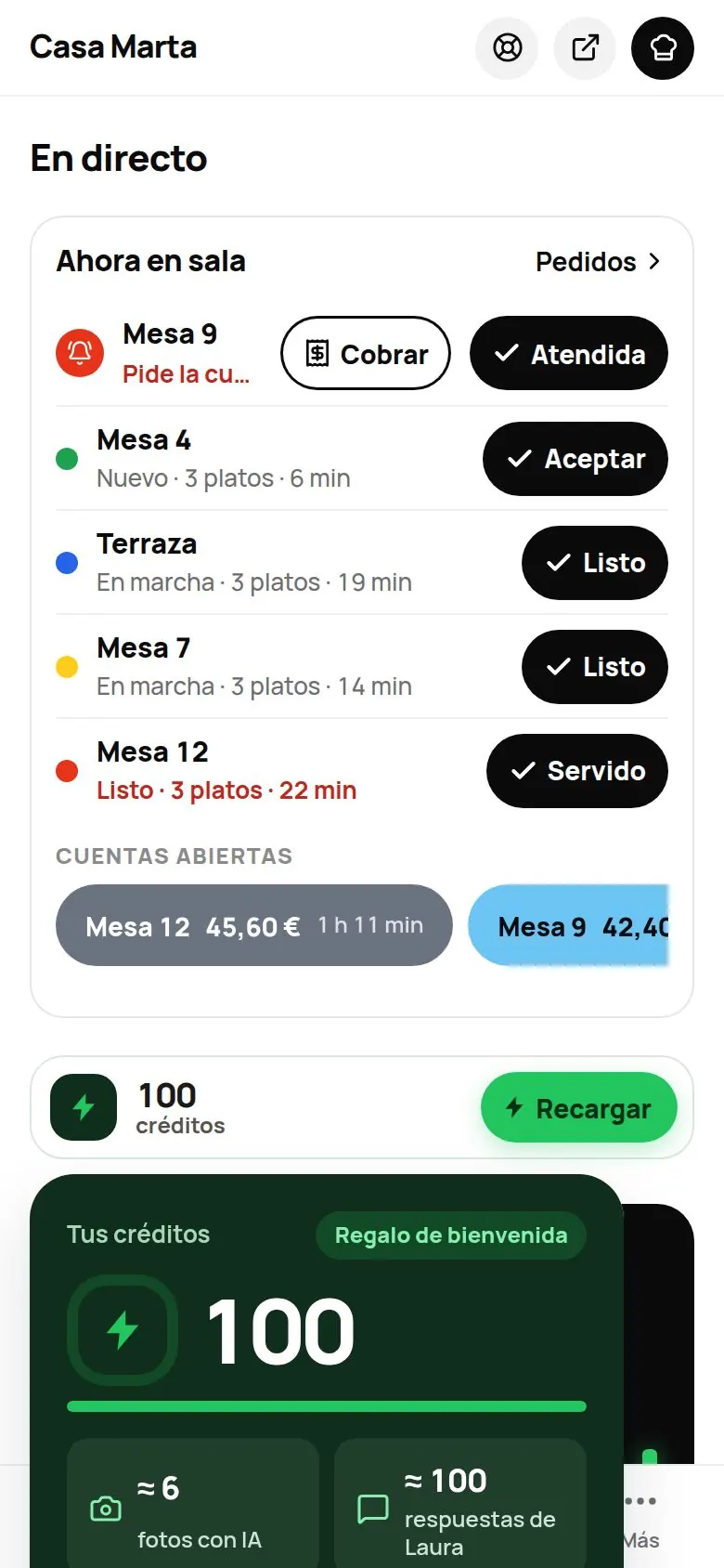 Chip de créditos abierto: tus créditos, lo que dan en fotos y respuestas, y el botón Recargar créditos