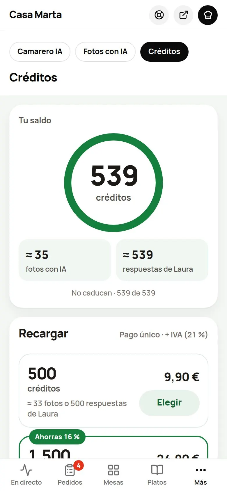 Pestaña Créditos en el móvil: tu saldo y los packs de 500 y 1.500 créditos para recargar