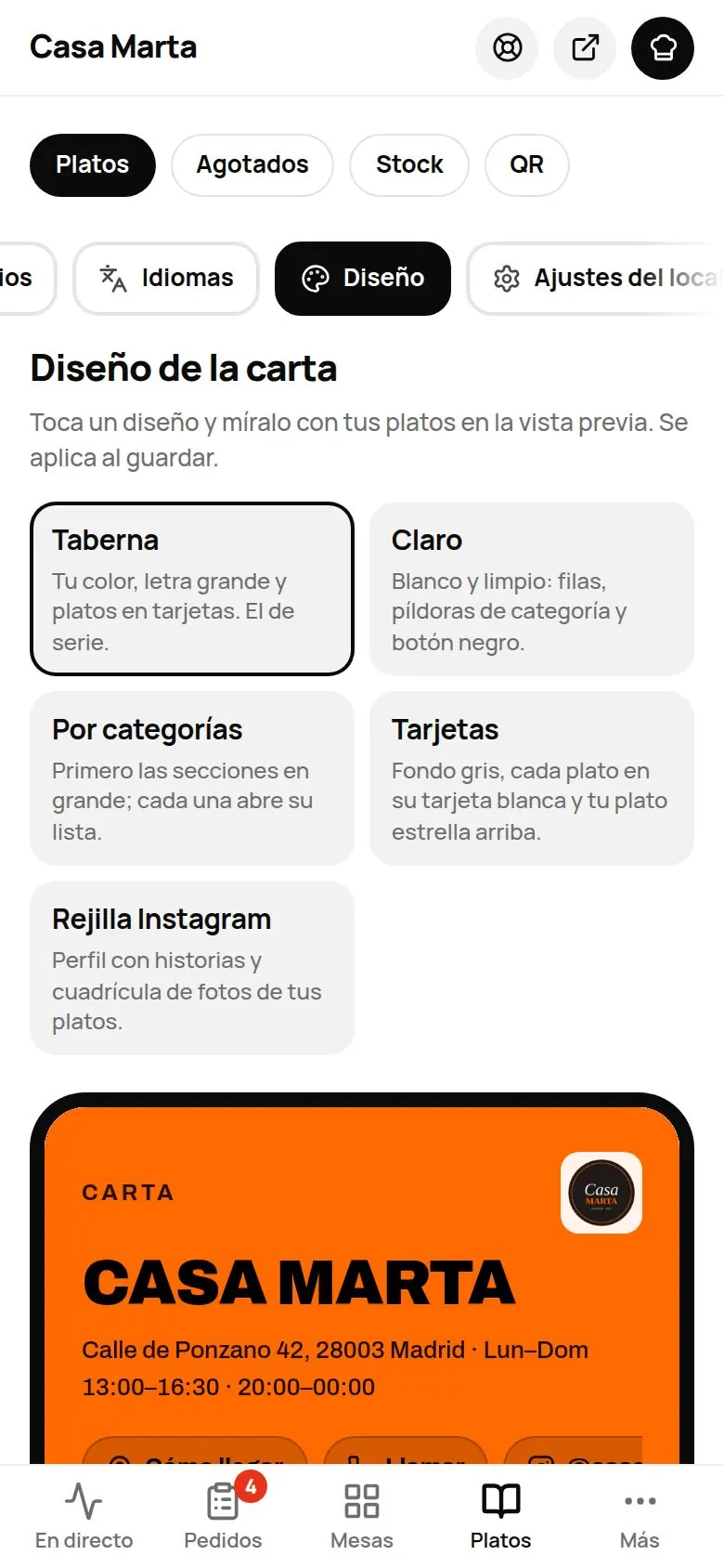 Sección Diseño: los cinco diseños Taberna, Claro, Por categorías, Tarjetas y Rejilla Instagram, y debajo la vista previa de la carta