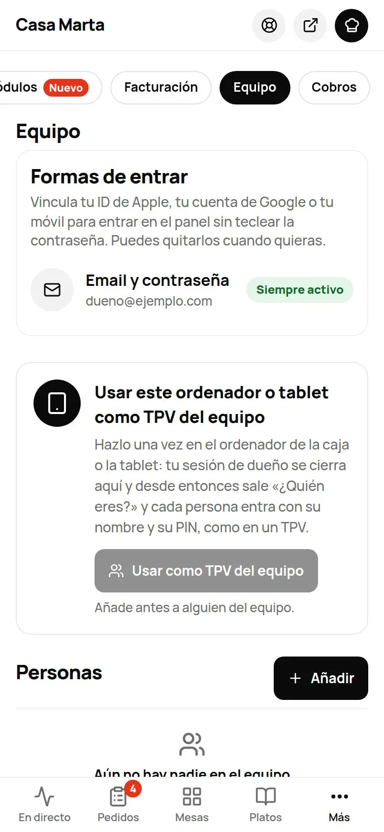 Pestaña Equipo: formas de entrar, usar este ordenador o tablet como TPV del equipo, y la lista de personas con el botón Añadir