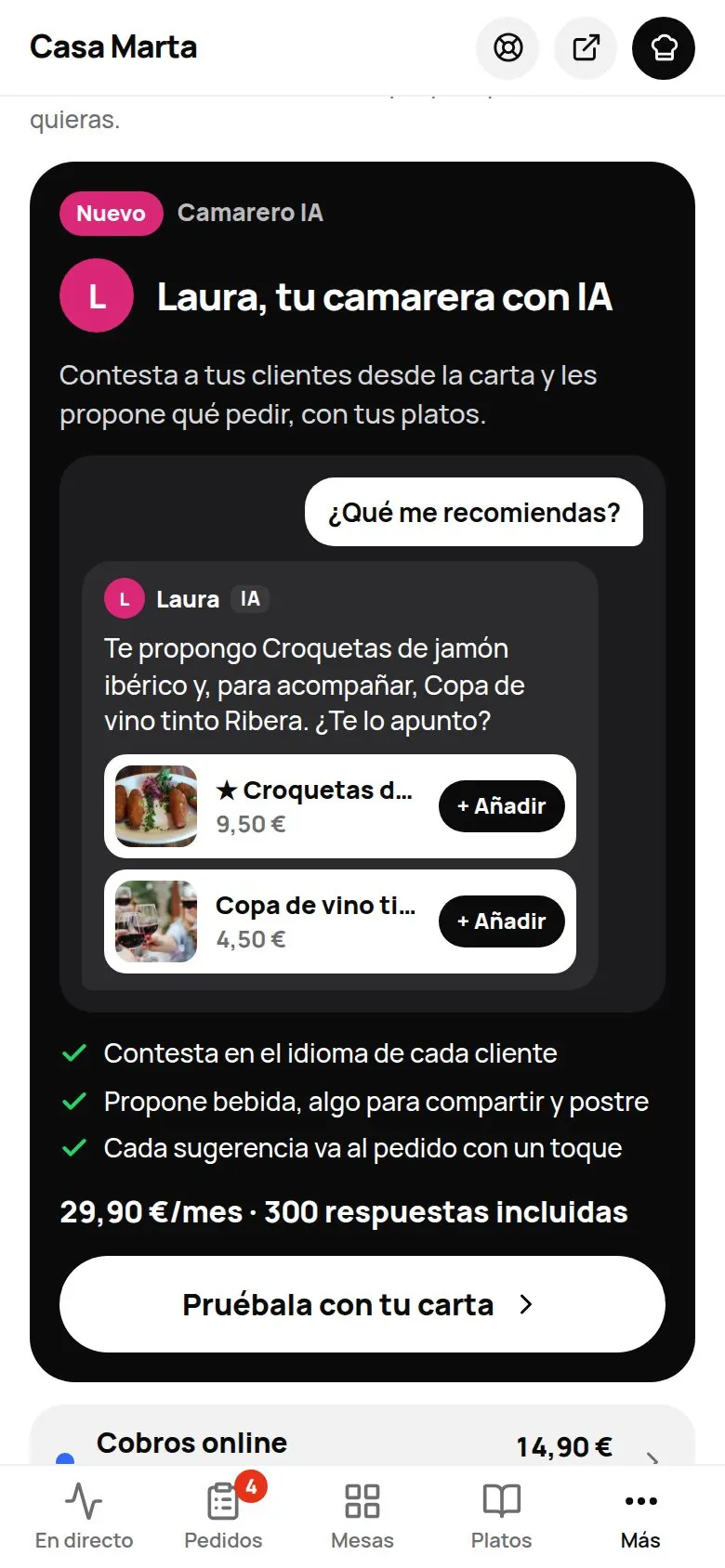 Facturación en el móvil, bloque Añade a tu plan con la tarjeta del Camarero IA