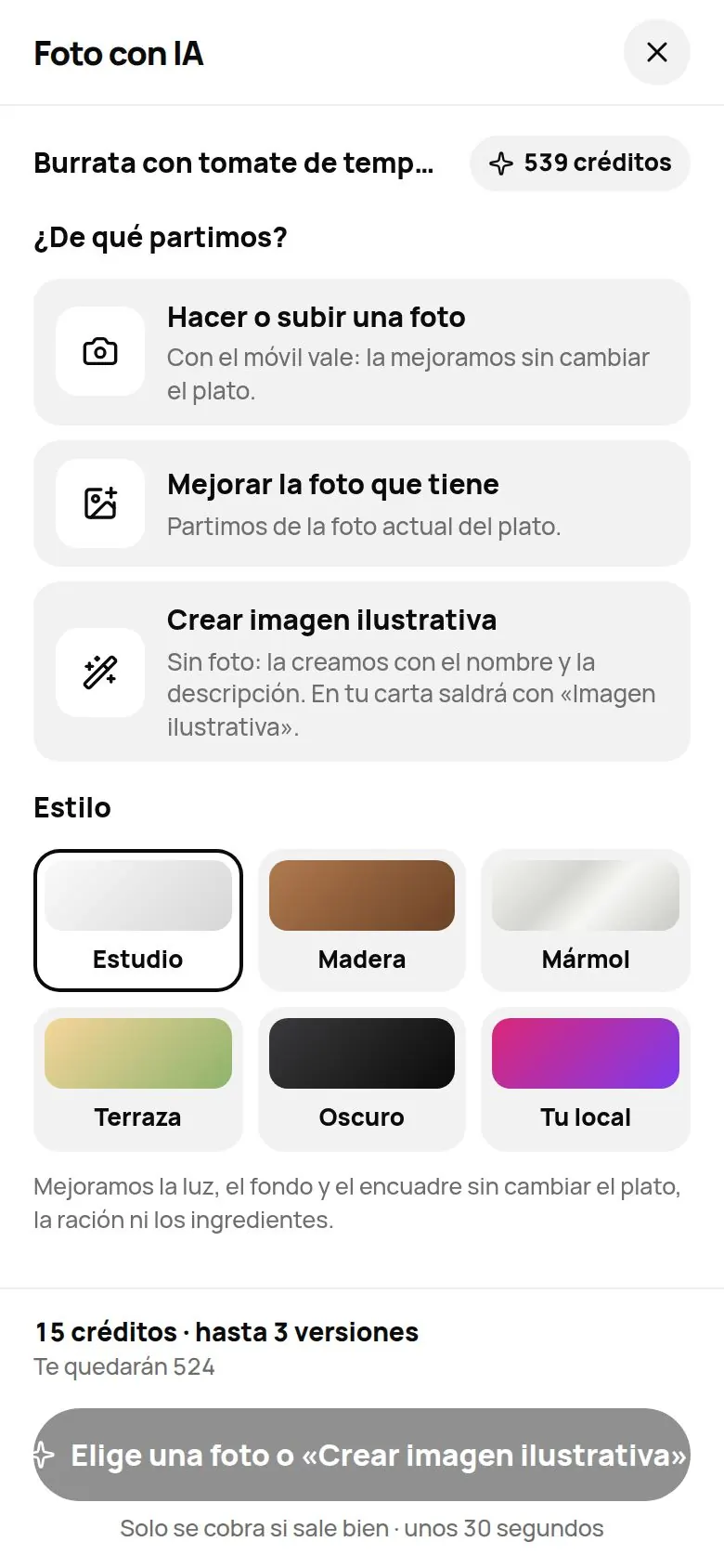 Hoja Foto con IA: de qué partimos, estilos Estudio, Madera, Mármol, Terraza, Oscuro y Tu local, y el coste de 15 créditos