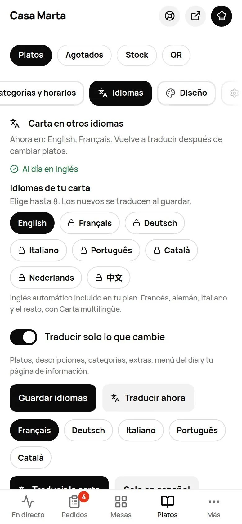 Sección Idiomas: tarjeta Carta en otros idiomas con los idiomas que puedes elegir y el interruptor Traducir solo lo que cambie