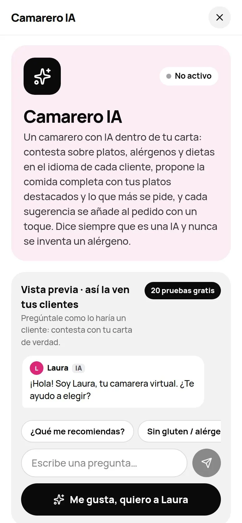 Ficha del Camarero IA sin activar: descripción y vista previa con 20 pruebas gratis