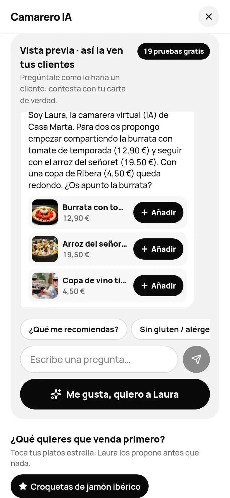 Vista previa del camarero en el panel: chat con la carta del local y la mesa de prueba