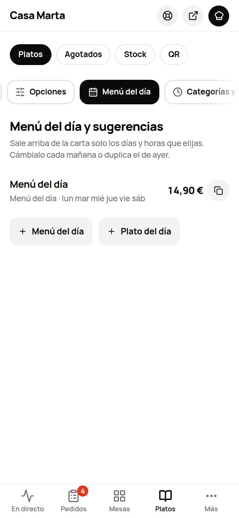 Sección Menú del día y sugerencias con un menú del día de 14,90 € de lunes a sábado y los botones Menú del día y Plato del día