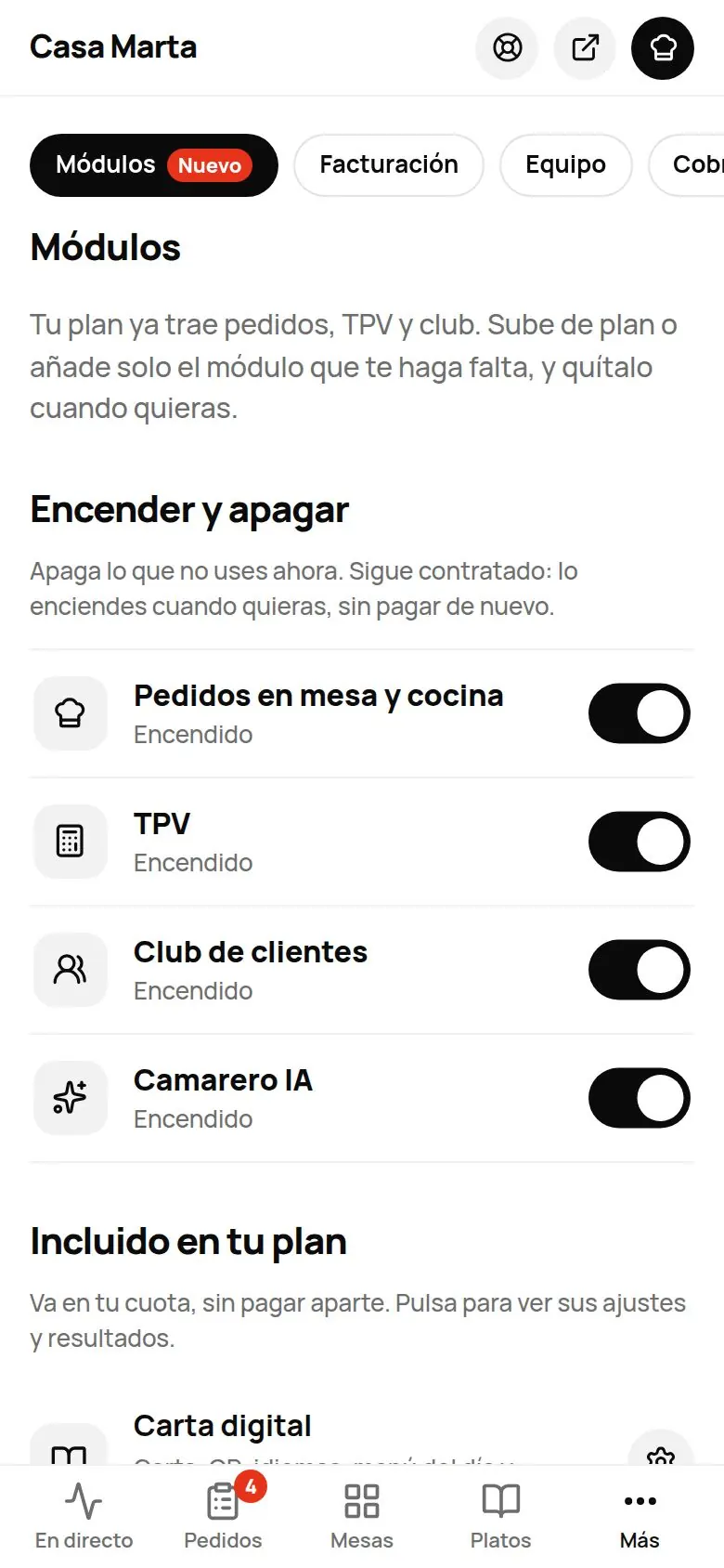 Pestaña Módulos en el móvil: tu plan ya trae pedidos, TPV y club; bloque Encender y apagar con interruptores