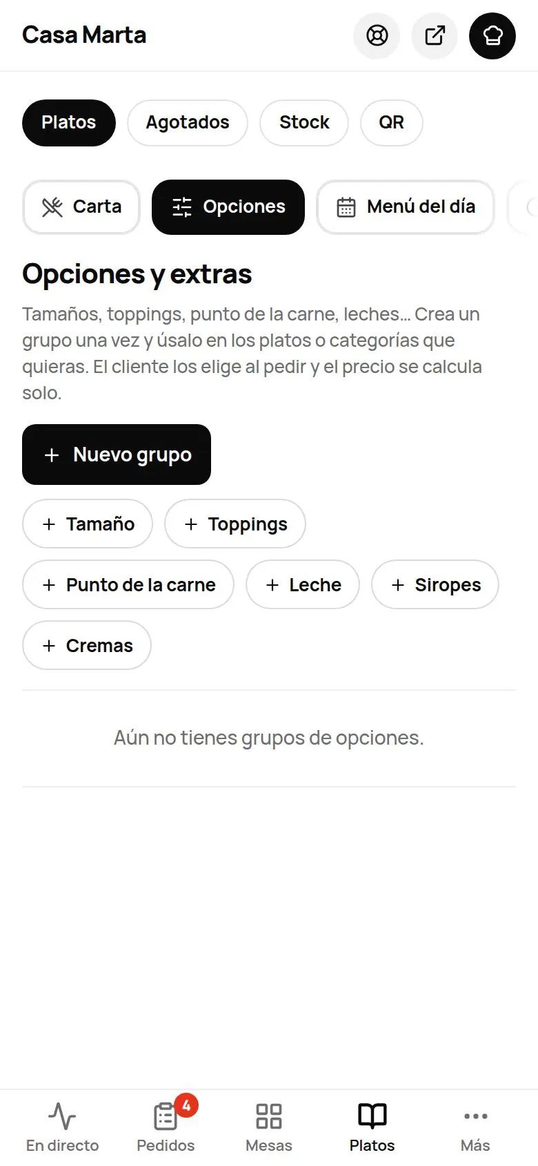 Sección Opciones y extras con el botón Nuevo grupo y las plantillas Tamaño, Toppings, Punto de la carne, Leche, Siropes y Cremas