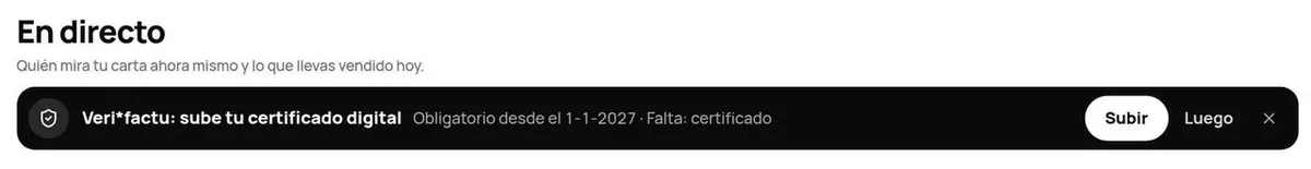 Barra negra de aviso de Veri*factu en la parte de arriba del panel, con los botones Subir y Luego
